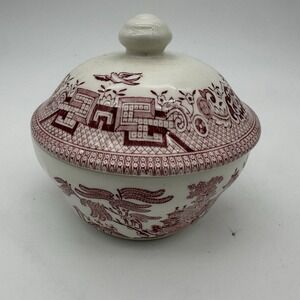 White Ceramic Covered Sugar Bowl with Maroon Transferware Pattern